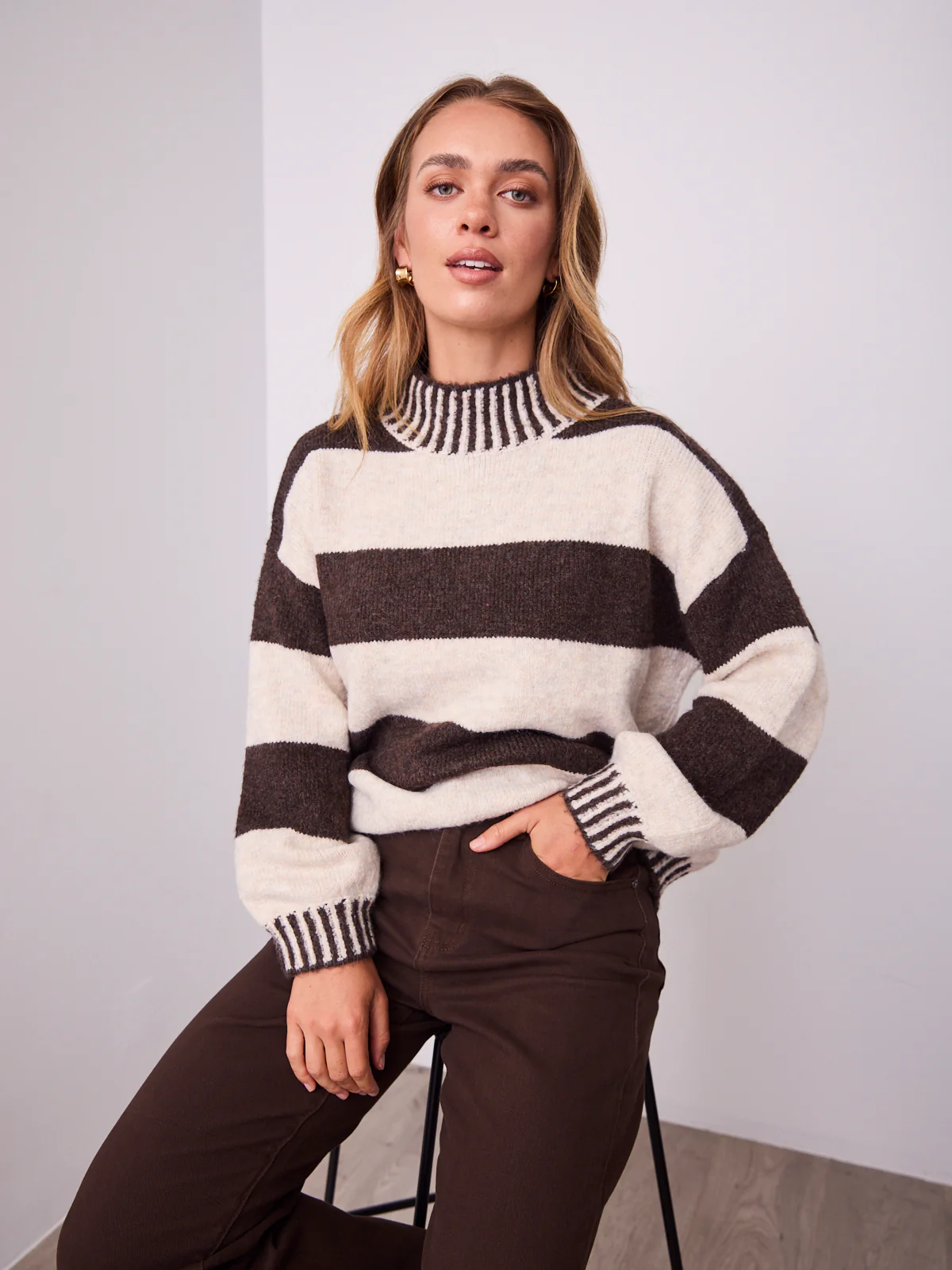 BESSIE BLOCK STRIPE KNIT - CHOCOLATE/OATMEAL - Image 15