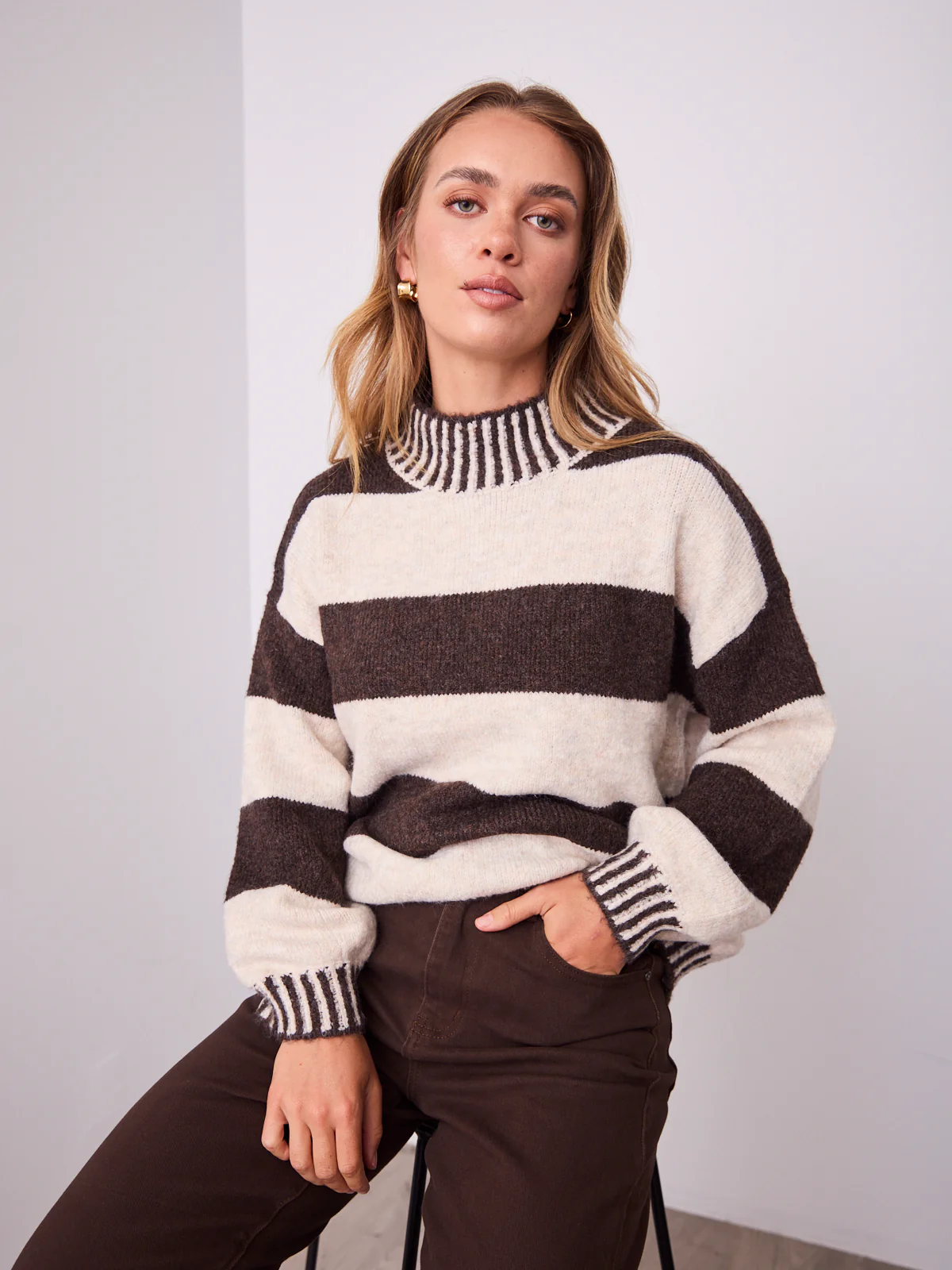 BESSIE BLOCK STRIPE KNIT - CHOCOLATE/OATMEAL - Image 4