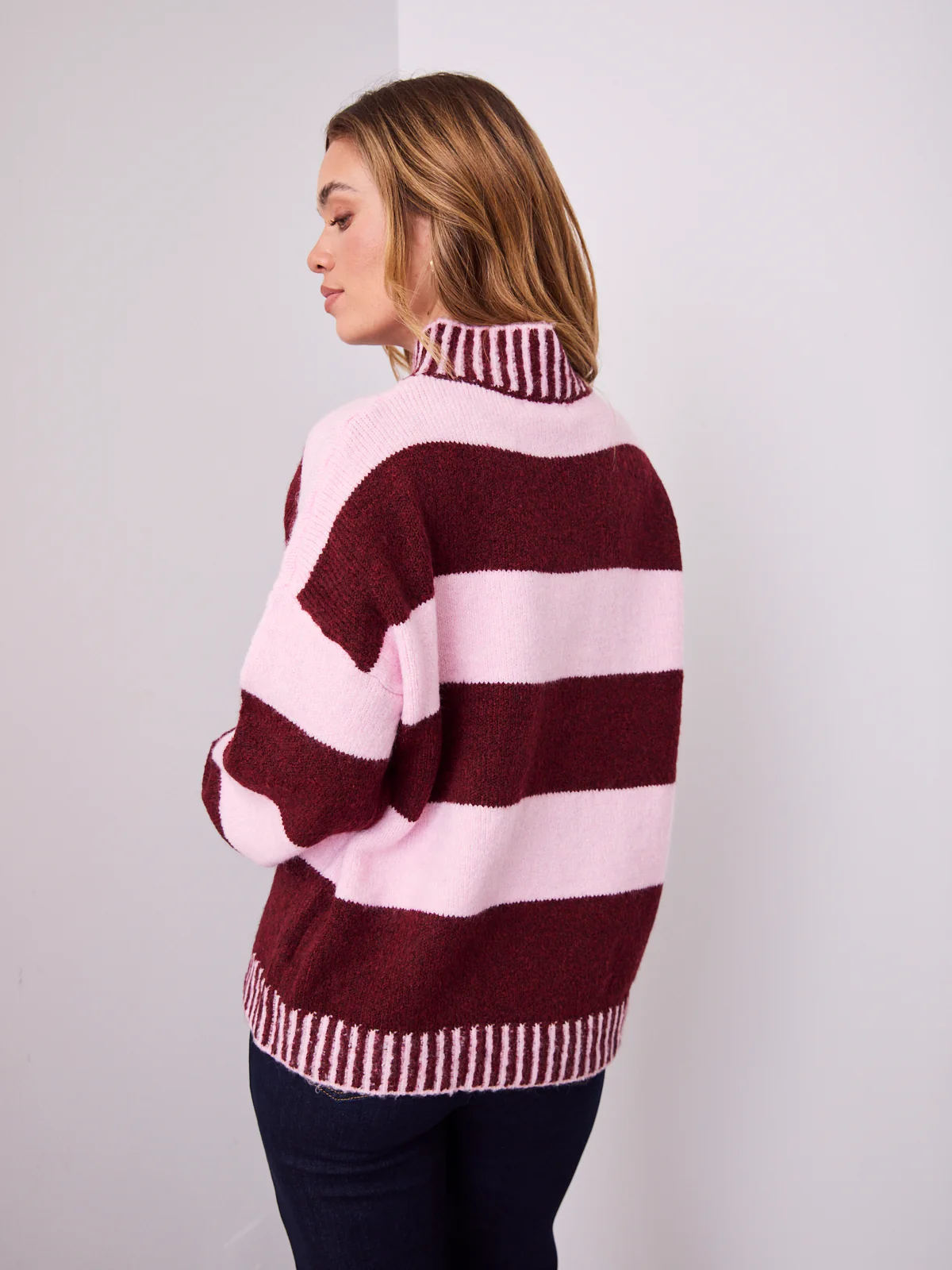 BESSIE BLOCK STRIPE KNIT - WINE/PINK - Image 9