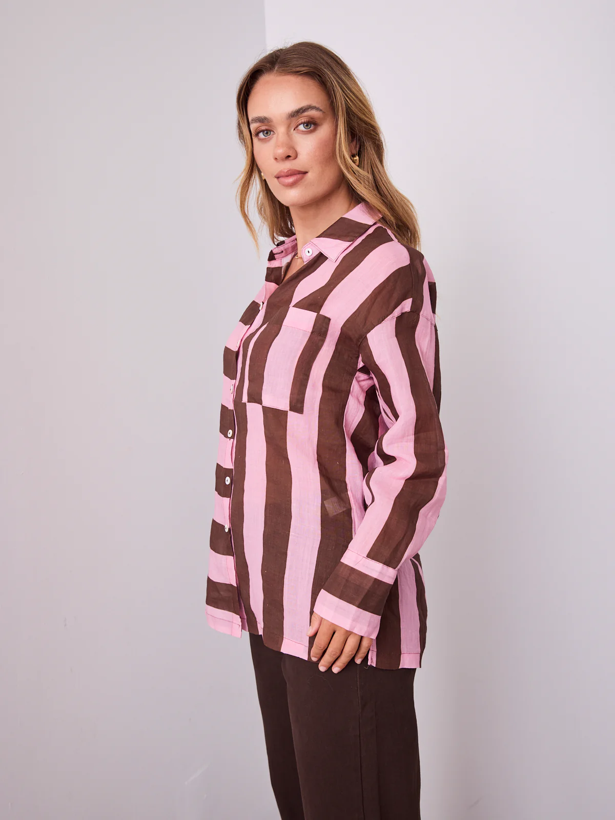 LAINE LINEN SHIRT - PINK/CHOCOLATE - Image 14